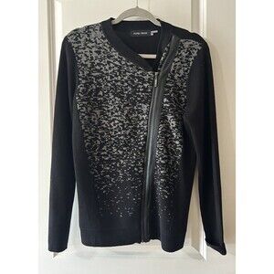IVANKA TRUMP Size Medium Gray Black Print Full Zip Sweater Faux Leather Trim